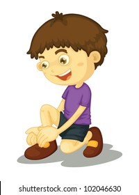 Illustration of boy putting on shoes