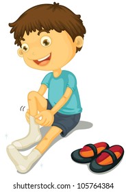 Illustration of a boy putting on shoes