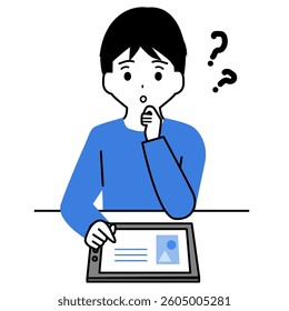 Illustration of a boy with questions while studying on a tablet.