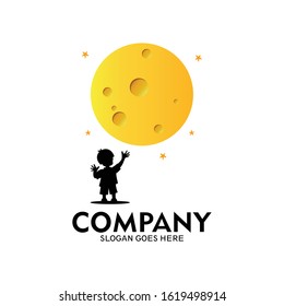 Illustration of a boy reaching for the moon in the sky. Reaching moon logo