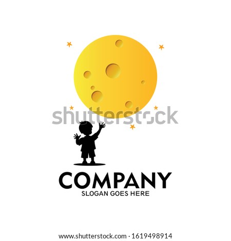 Illustration of a boy reaching for the moon in the sky. Reaching moon logo