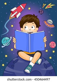 Illustration of a Boy Reading an Astronomy Book