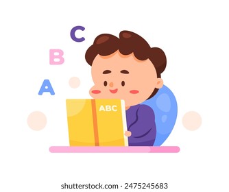 illustration of a boy reading a book about the alphabet. learn to recognize letters and learn to read. enjoy reading books. happy expression. character illustration design. graphic elements