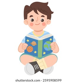 Illustration of a Boy Reading a Book About Space
