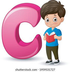 Illustration of a boy reading book beside letter C
