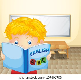 Illustration of a boy reading a book inside the classroom