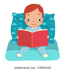 ilustración de un niño leyendo un libro en su cama