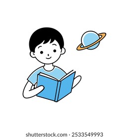 Illustration of a Boy Reading a Book with a Planet in the Background
