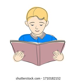 Illustration, boy reading a book. School child. Open book. Happy. Character.