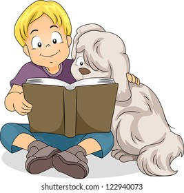 Illustration of a Boy Reading a Book Together with His Dog