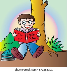 illustration of a boy reading book under the tree