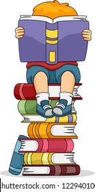 Illustration of a Boy Reading a Book While Sitting on a Pile of Other Books