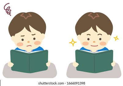 Illustration of a boy reading disgustingly and an illustration of reading happily