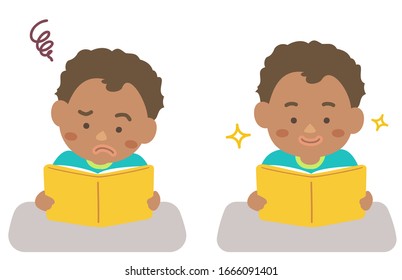 Illustration of a boy reading disgustingly and an illustration of reading happily