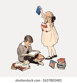 Illustration of a boy reading and a girl reaching for a book. Vintage style with children and books. Classic depiction of kids and literature. Vintage art illustration vector.