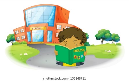 Illustration of a boy reading inside the hole near the school on a white background