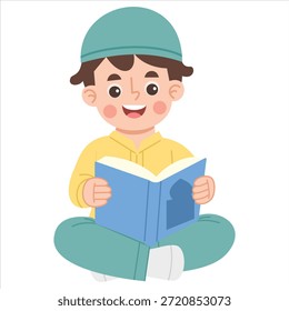 Ilustração de menino lendo livro islâmico