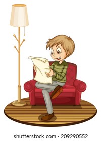Illustration of a boy reading a newspaper on a sofa