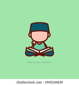 illustration of boy reading quran, green color background ramadan kareem theme