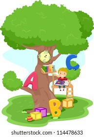 Illustration of a Boy Reading in a Treehouse