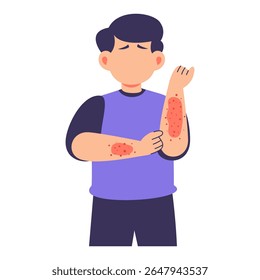 An illustration of a boy with red allergy rashes on his arms, expressing irritation and discomfort, highlighting awareness and health care needs for sensitive skin.