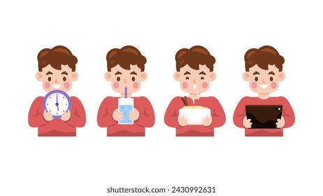 Illustration of a boy in red clad. a Boy holds a clock, drink, eat noodles, and use a tablet. activities and lifestyle. set or collection of cute character illustrations. graphic elements. Vector