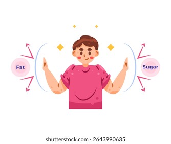 illustration of a boy refusing to consume sugar and fat. limiting and reducing foods containing sugar and fat. healthy lifestyle. facial expressions and gestures. flat style character design