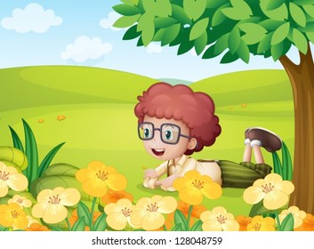 Illustration of a boy relaxing in the hills
