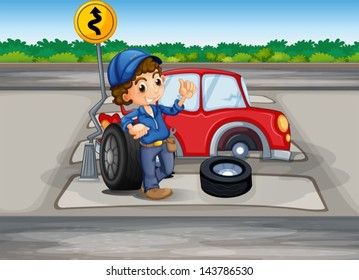 Illustration of a boy repairing a car at the pedestrian lane