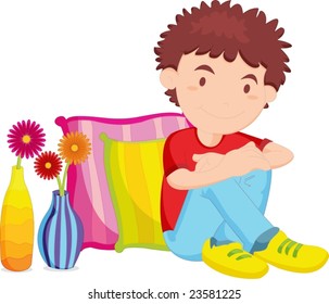 Illustration of boy resting against two pillows