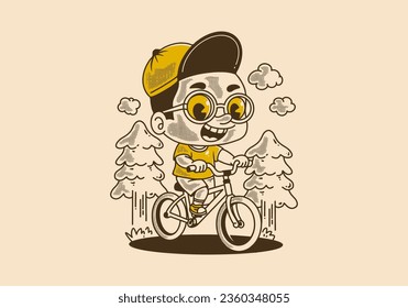 ilustración de un niño en bicicleta, pinos, estilo retro