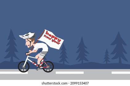 An illustration of a boy riding bike and celebrating new year eve with flag and with some copy space area