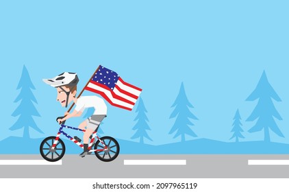 An illustration of a boy riding bike and holding an American flag