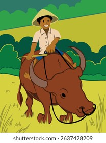 Illustration of boy riding buffalo in rural rice field scene