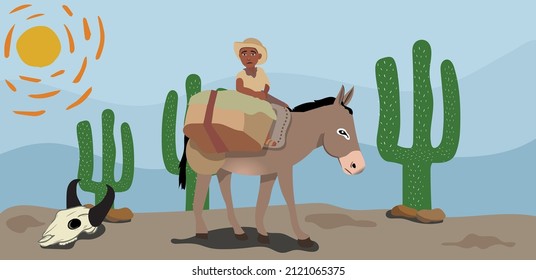 Illustration of a boy riding a donkey in the Brazilian hinterland, Brazilian boy