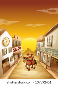 Illustration of a boy riding in a horse outside the saloon