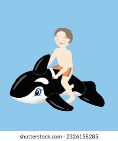 Illustration of a boy riding a killer whale tube