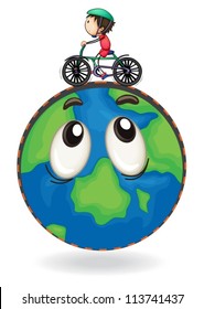 illustration of a boy riding on bicycle on earth globe