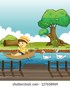 Illustration of a boy riding on a boat followed by ducks