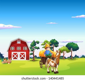 Illustration of a boy riding on a carriage with a barn at the back