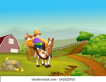 Illustration of a boy riding on a carriage with a horse and a chicken at the back