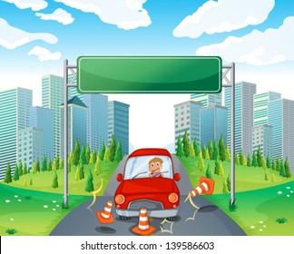 Illustration of a boy riding on a red car passing the empty signboard