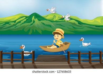 Illustration of a boy riding on a wooden boat