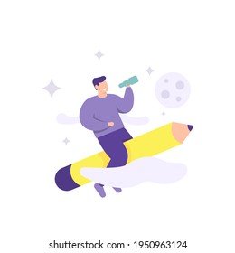 illustration of a boy riding a pencil. fly with a pencil and use binoculars. the concept of ideas, looking for inspiration, imagination, visionary. flat style. vector design