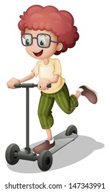 Illustration of a boy riding a scooter on a white background