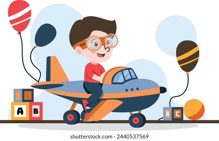Illustration of a boy riding a toy airplane