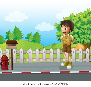 Illustration of a boy at the road near the wooden mailbox