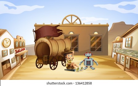 Illustration of a boy and a robot near a wagon