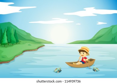 illustration of a boy rowing in a boat in nature