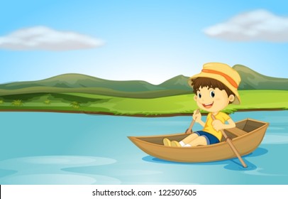 Illustration of a boy rowing a boat on a lake